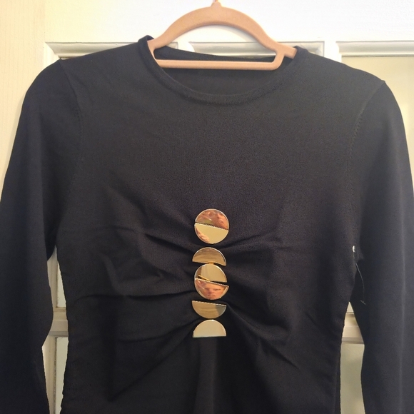 Aleeza Elegant Black Oliva Sweater with Gold Pin Accents & Cinched - Picture 2 of 7